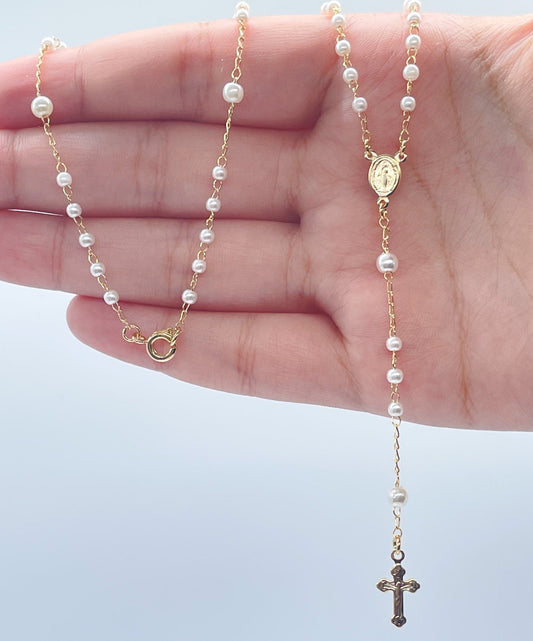 18k Gold Layered White Simulated Pearl Beaded Rosary With Small Lady of Grace