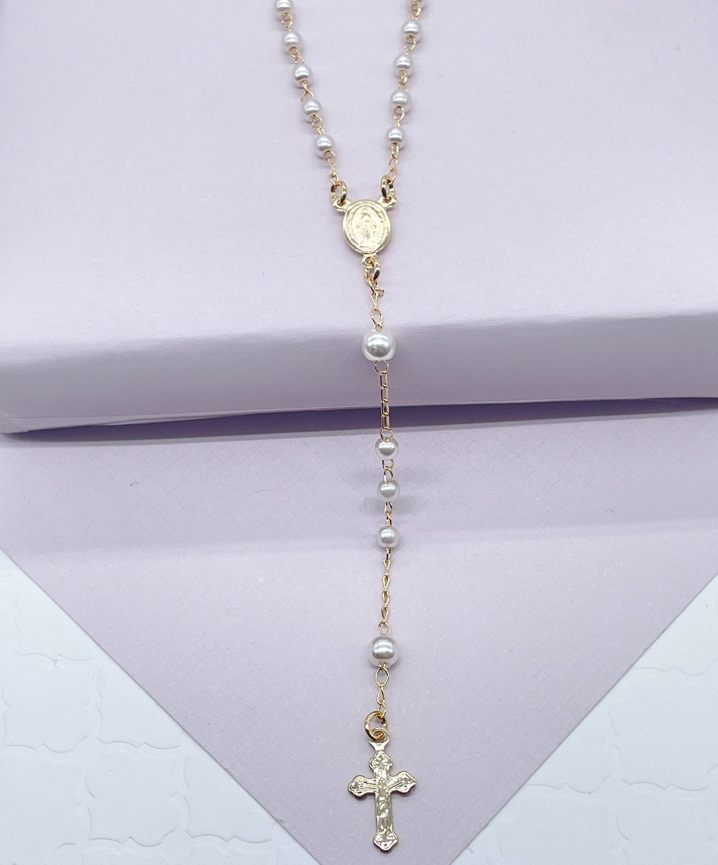 18k Gold Layered White Simulated Pearl Beaded Rosary With Small Lady of Grace