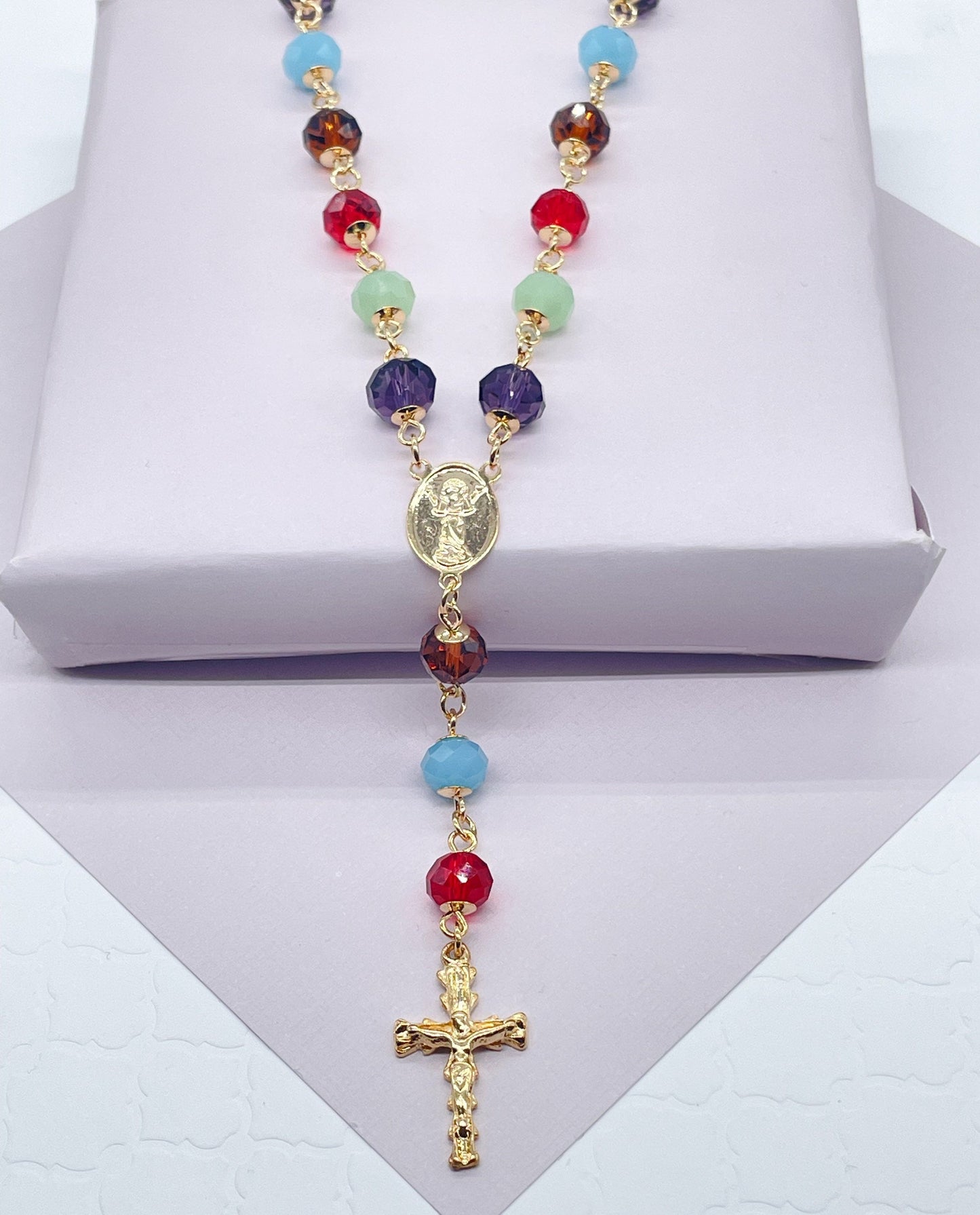 18k Gold Layered Colorful Glass Ball Rosary Necklace with Baby Jesus and Cross,