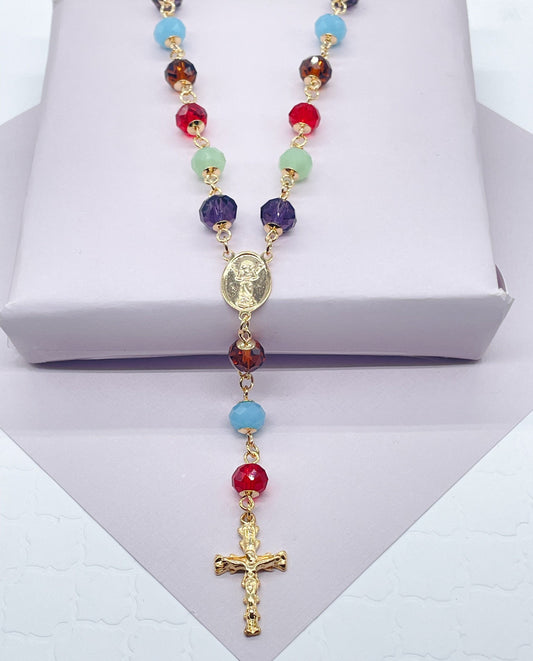 18k Gold Layered Colorful Glass Ball Rosary Necklace with Baby Jesus and Cross,