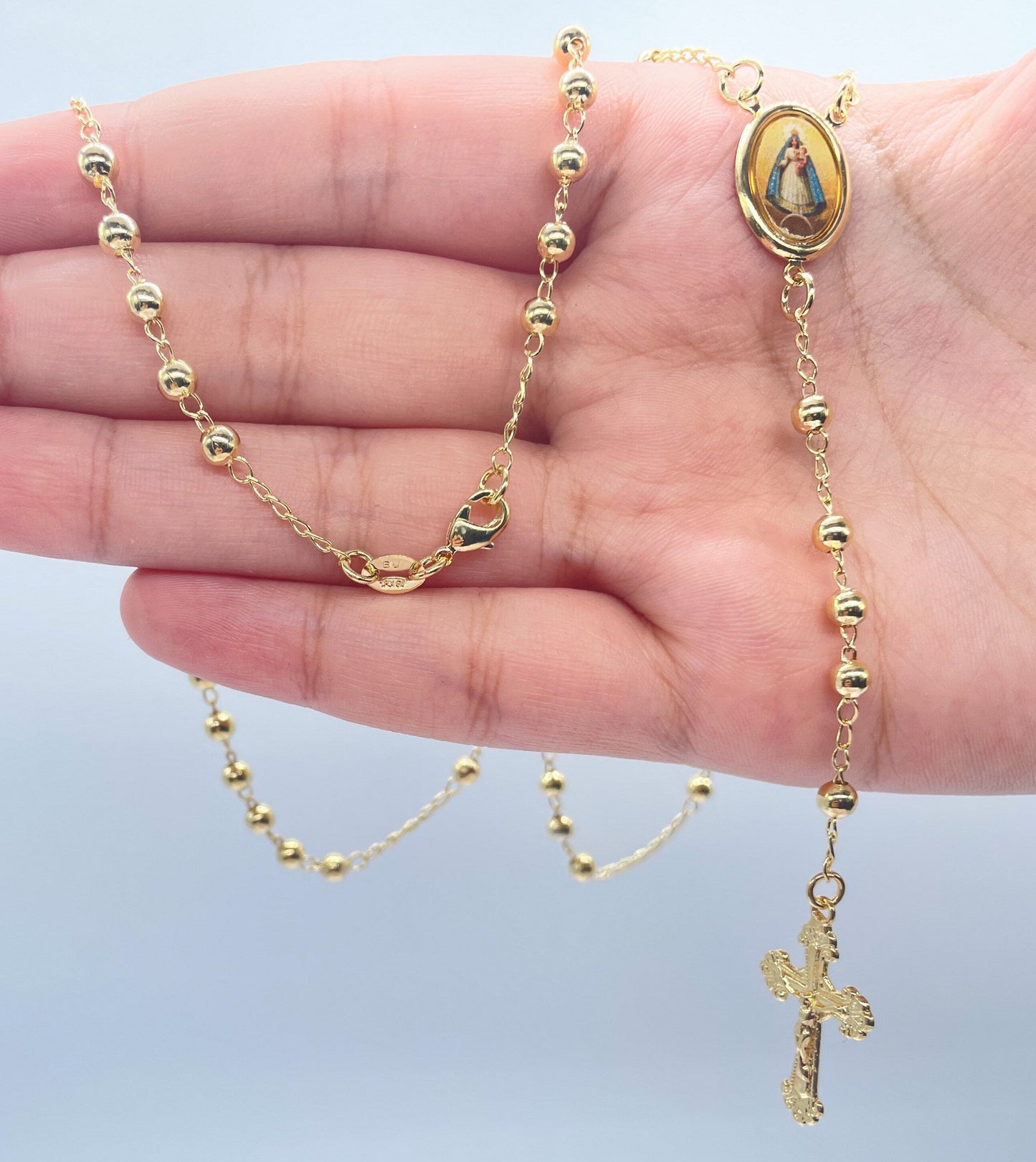 18k Gold Layered Medium Bead Rosary Necklace with Virgin Image Photo Like, Trendy