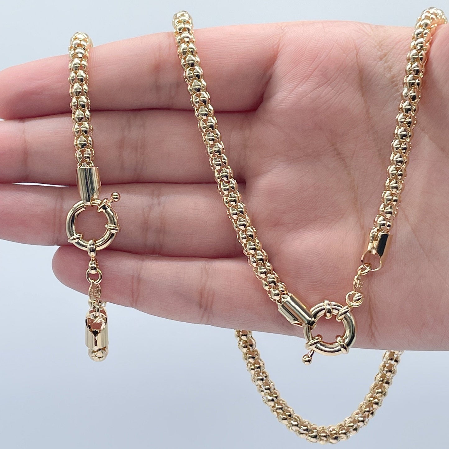 Gorgeous Unique 18K Gold Layered Wheat Link Tube Set Featuring Large Ring Clasp