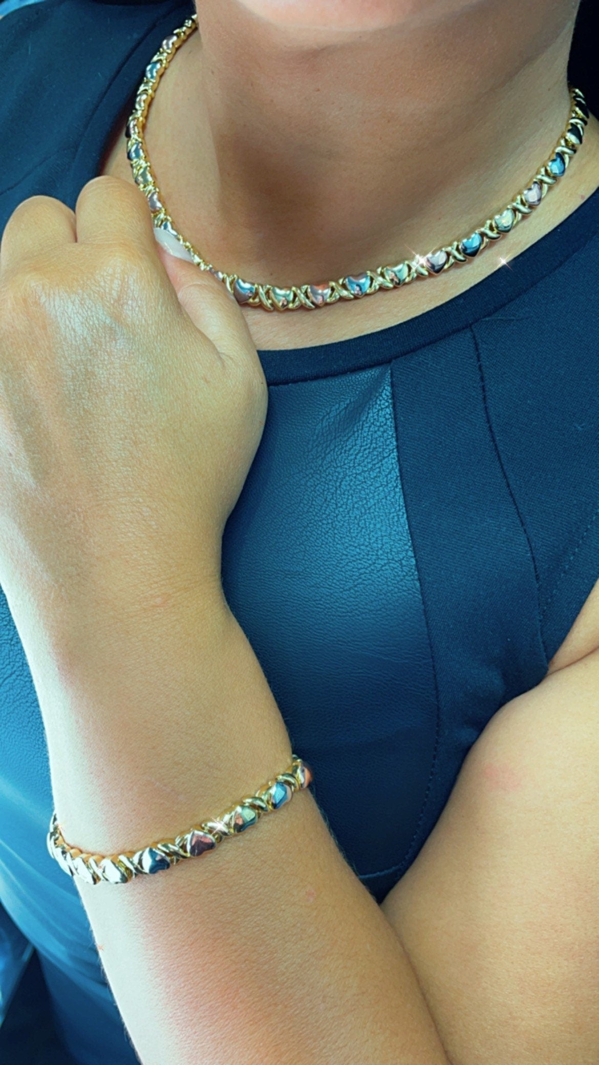 18k Gold Layered Heart Shape XOXO Set of Bracelet and Necklace Available in Gold,