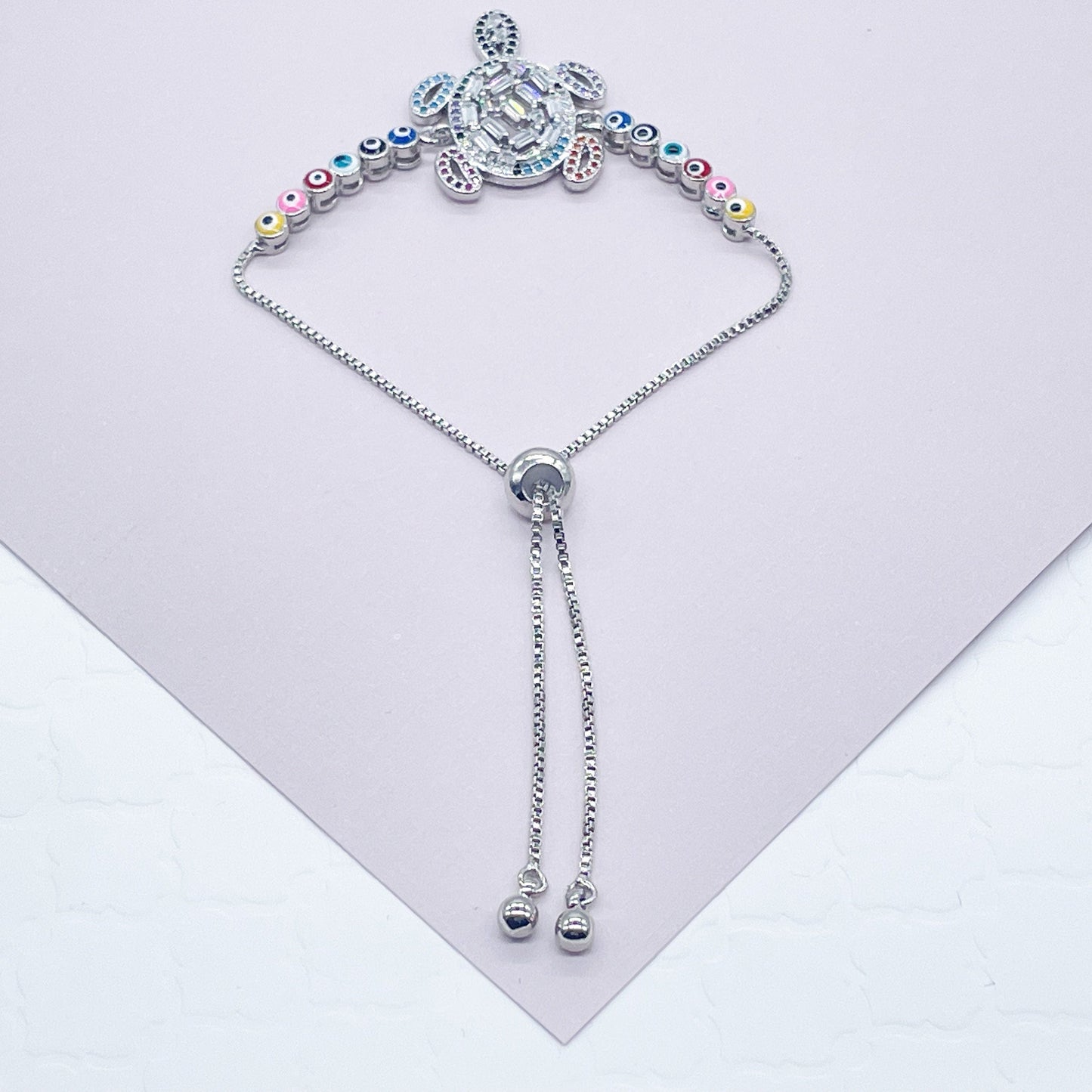 18k Gold Layered Adjustable Multicolor Cubic Zirconia Turtle Bracelet Featuring