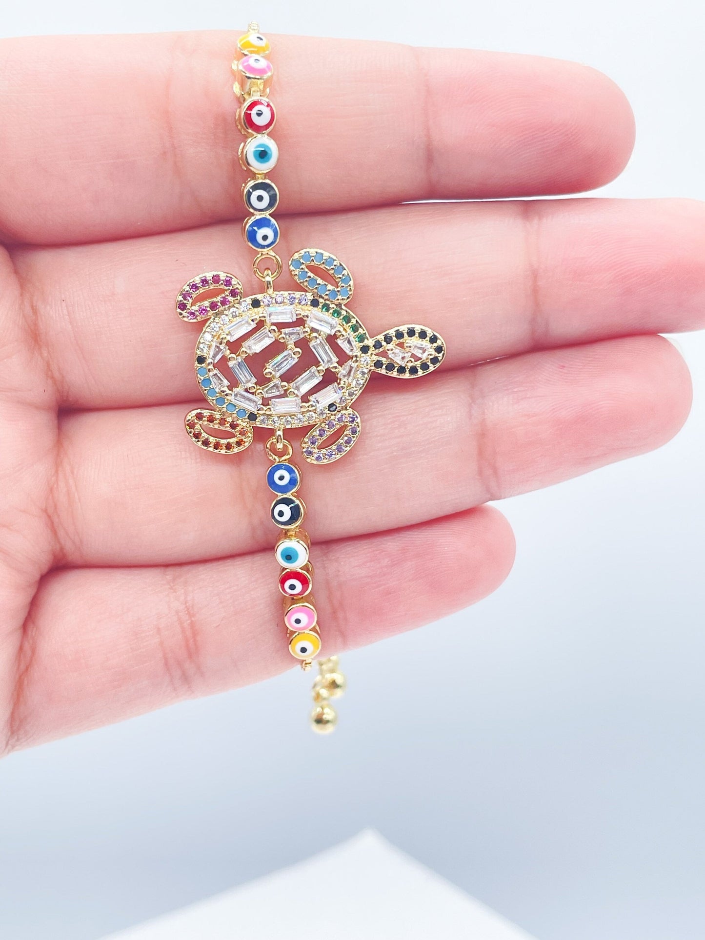 18k Gold Layered Adjustable Multicolor Cubic Zirconia Turtle Bracelet Featuring