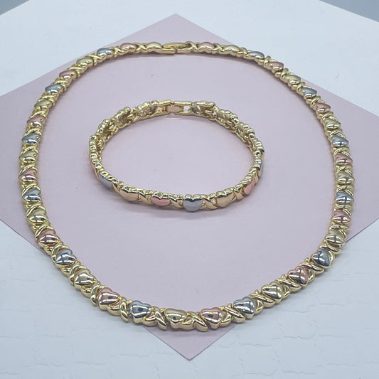 18k Gold Filled Heart Shape XOXO Set of Bracelet and Necklace Available in Gold, Silver or Tricolor - Gold, Rose Gold and Silver