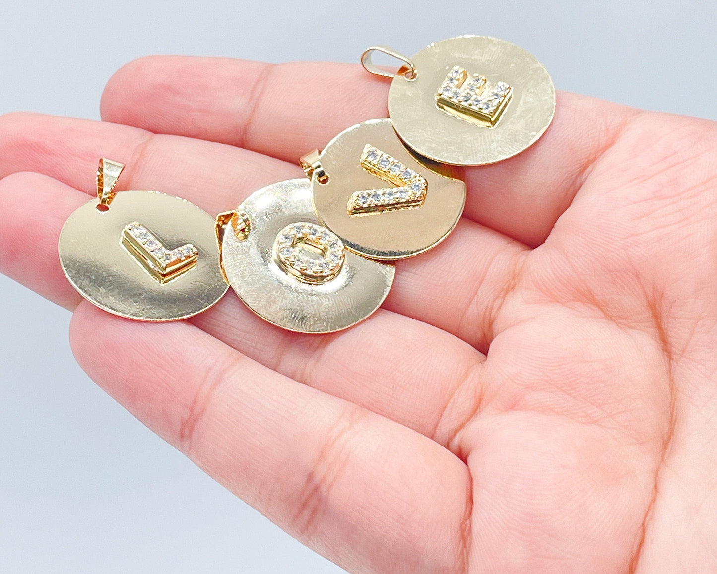 18k Gold Layered Round Initial Charm with Micro Pave Zirconia Letters For