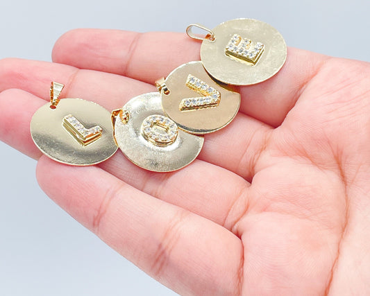 18k Gold Layered Round Initial Charm with Micro Pave Zirconia Letters For