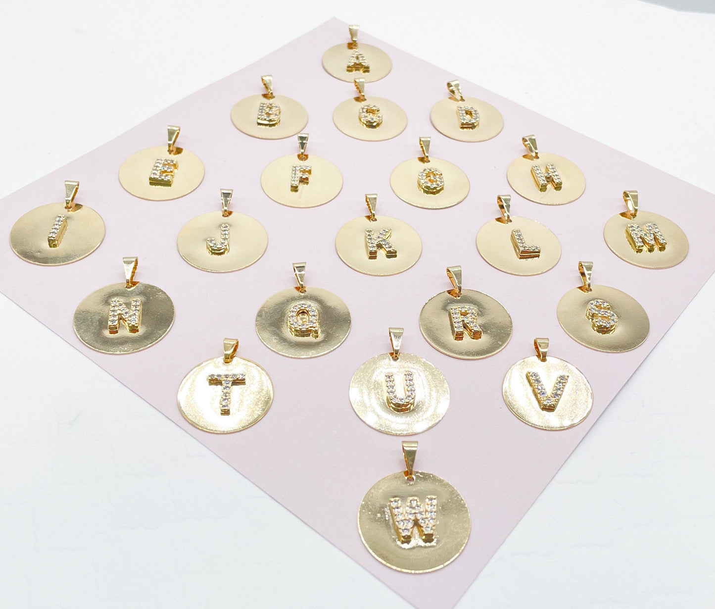 18k Gold Layered Round Initial Charm with Micro Pave Zirconia Letters For