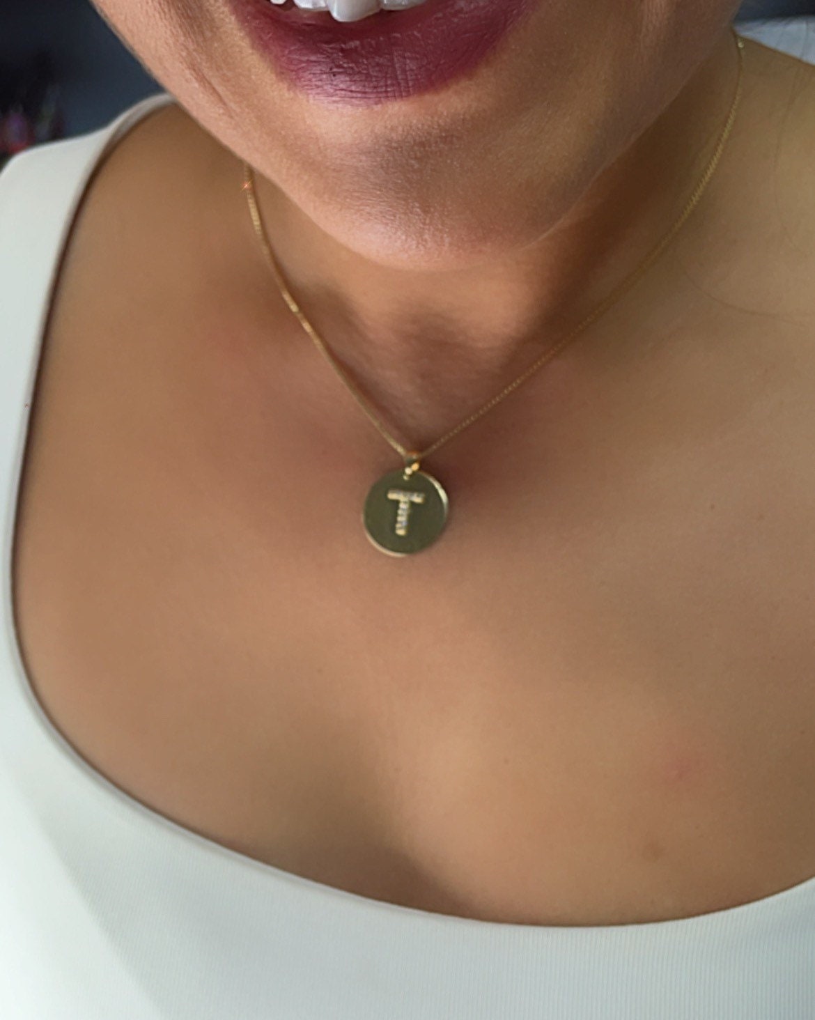 18k Gold Layered Round Initial Charm with Micro Pave Zirconia Letters For