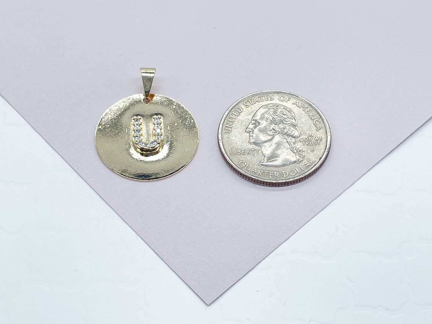 18k Gold Layered Round Initial Charm with Micro Pave Zirconia Letters For
