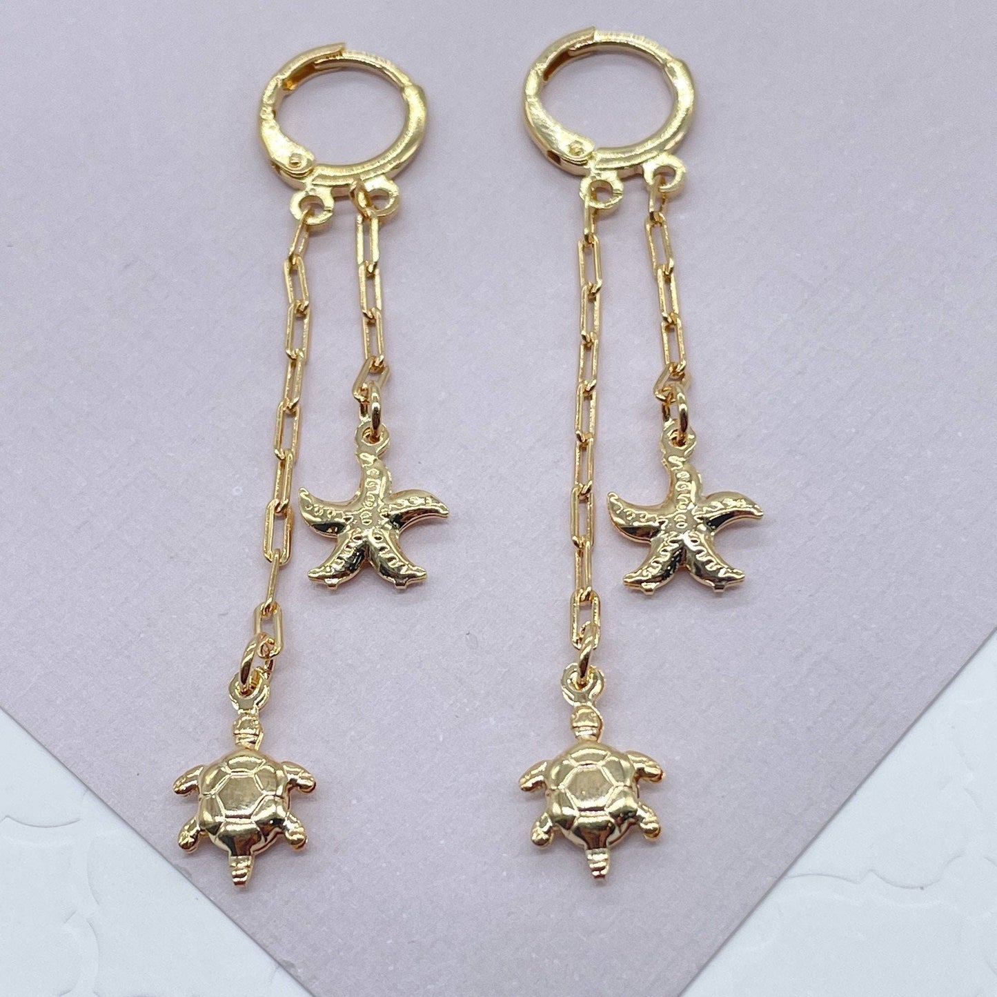 18k Gold Layered Starfish and Turtle Dangling Earrings, Sea Ocean Marine Jewelry,
