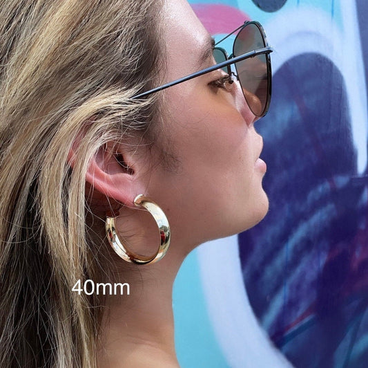 18k Gold Layered Plain Turn Around 10mm Thick Hoop Earrings Available in 30mm,