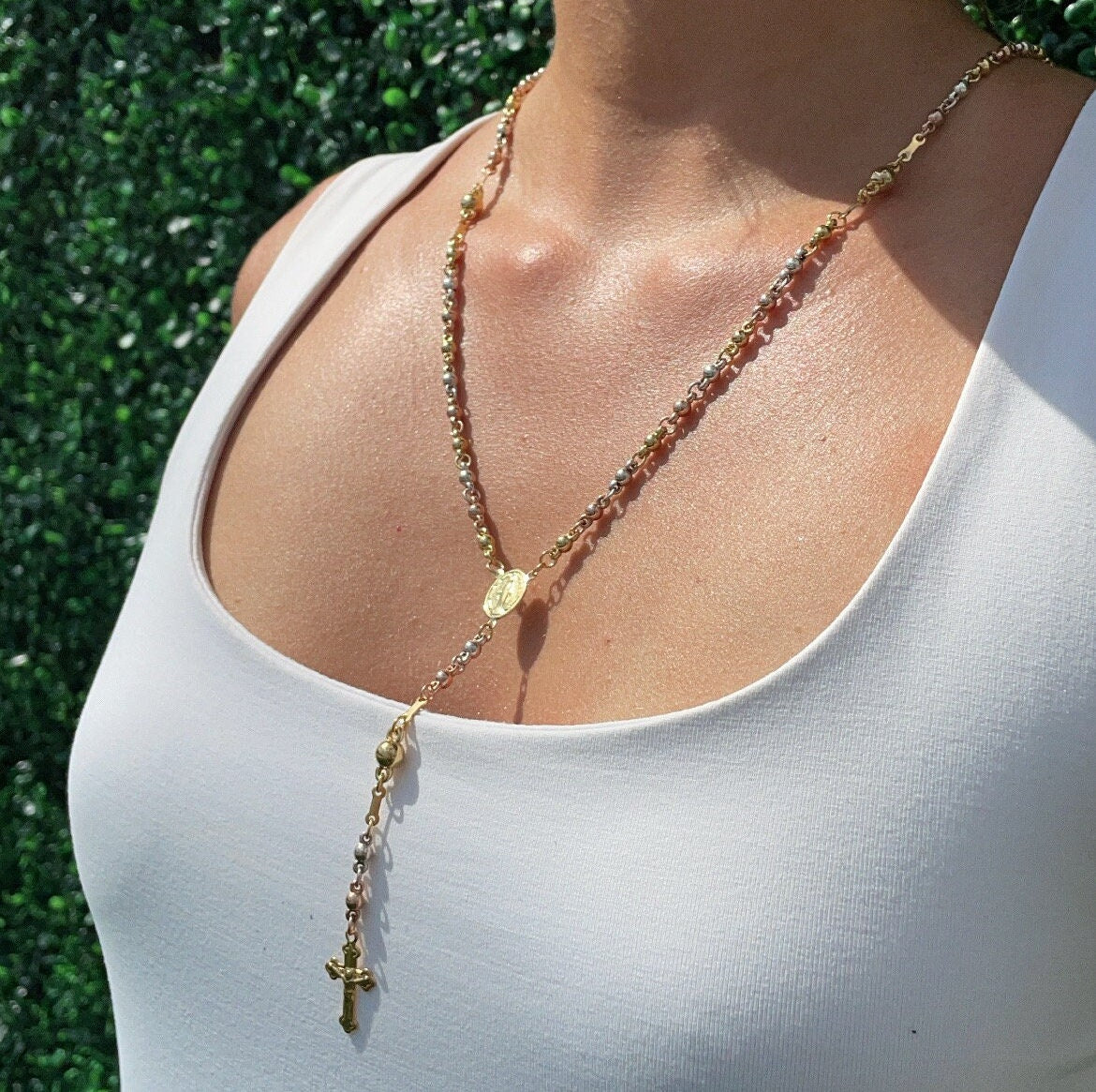 Trendy 18k Gold Layered Tri Color Bead Rosary Necklace Featuring Our Lady of