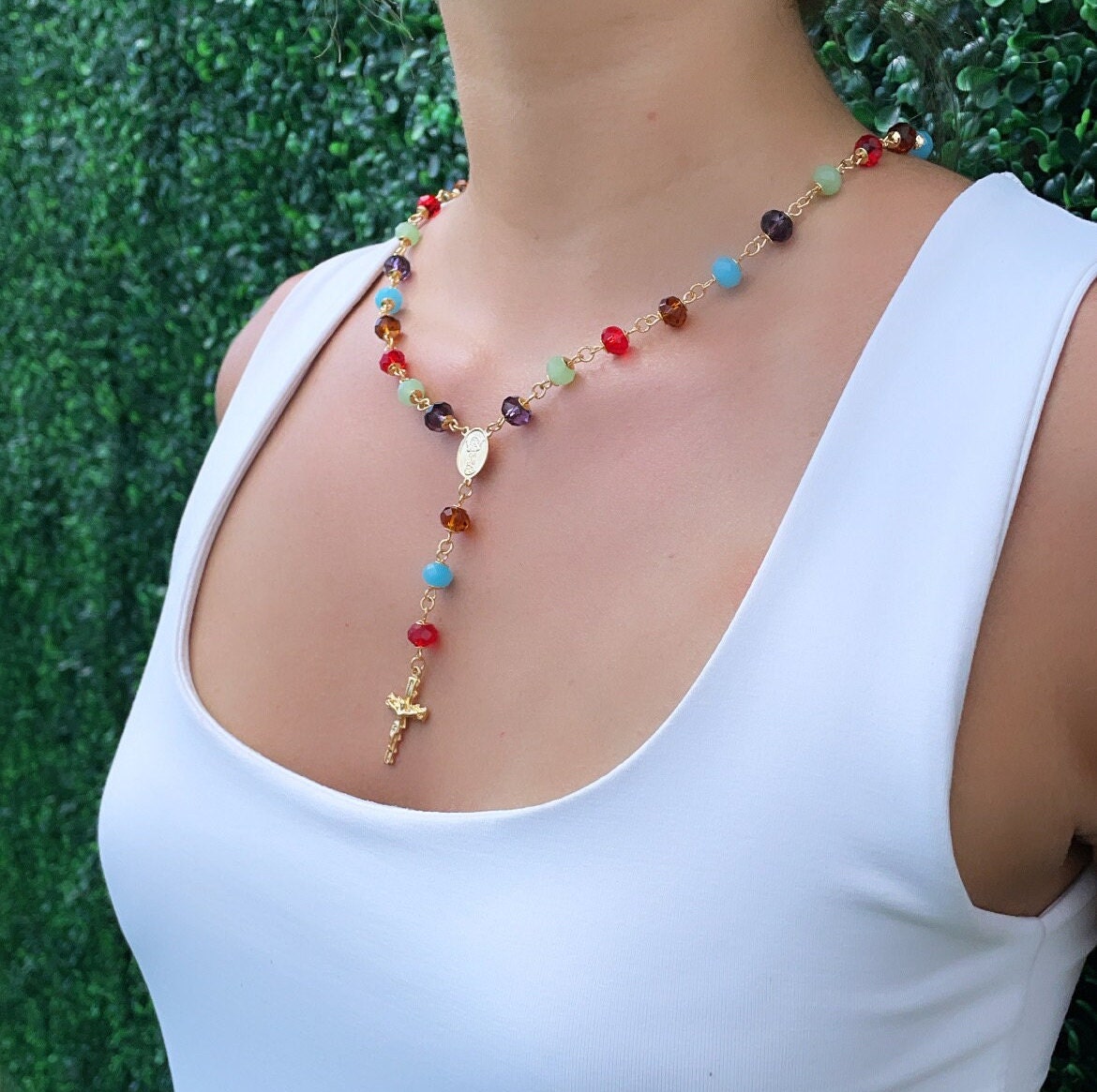 18k Gold Layered Colorful Glass Ball Rosary Necklace with Baby Jesus and Cross,