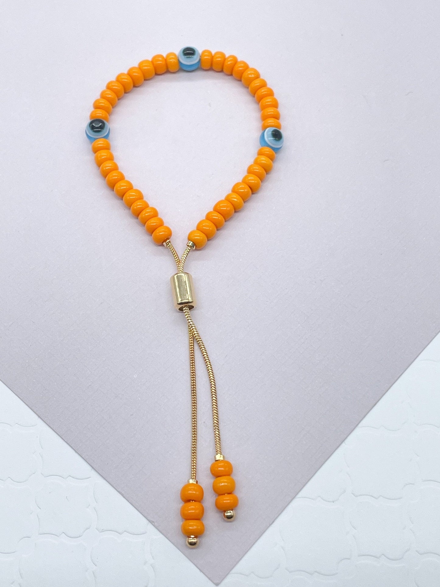 18k Gold Filled Colorful Adjustable Beaded Bracelet Slider Clasp Stackable