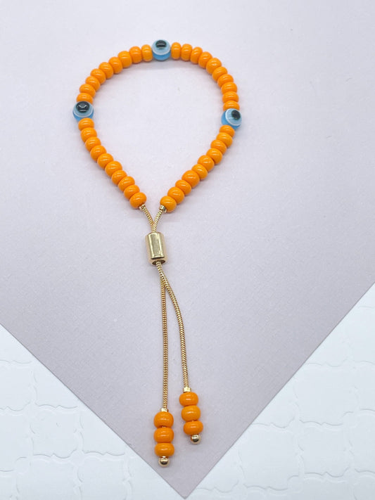 18k Gold Filled Colorful Adjustable Beaded Bracelet Slider Clasp Stackable