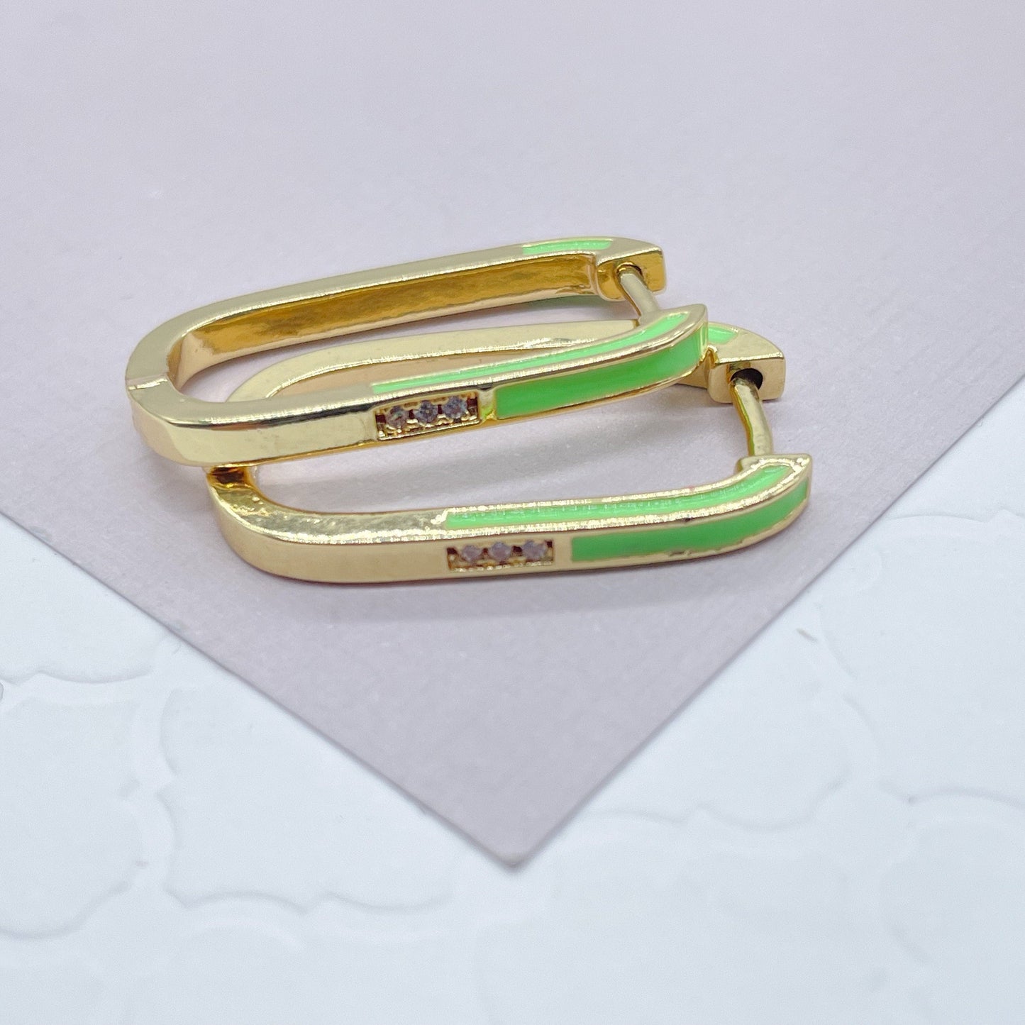 18k Gold Filled Colorful Enamel Rectangular Clicker Earrings Cubic Zirconia Detail