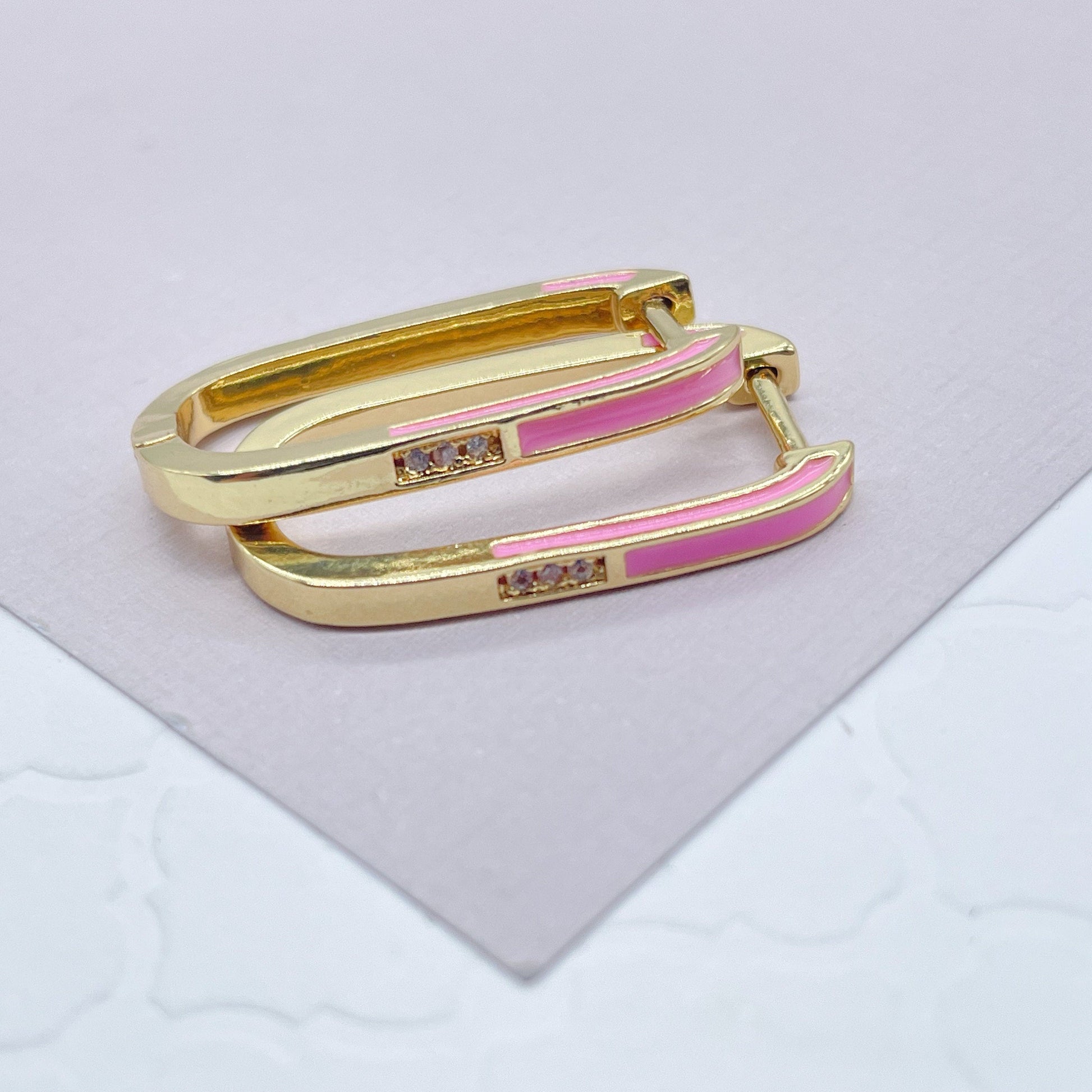 18k Gold Filled Colorful Enamel Rectangular Clicker Earrings Cubic Zirconia Detail