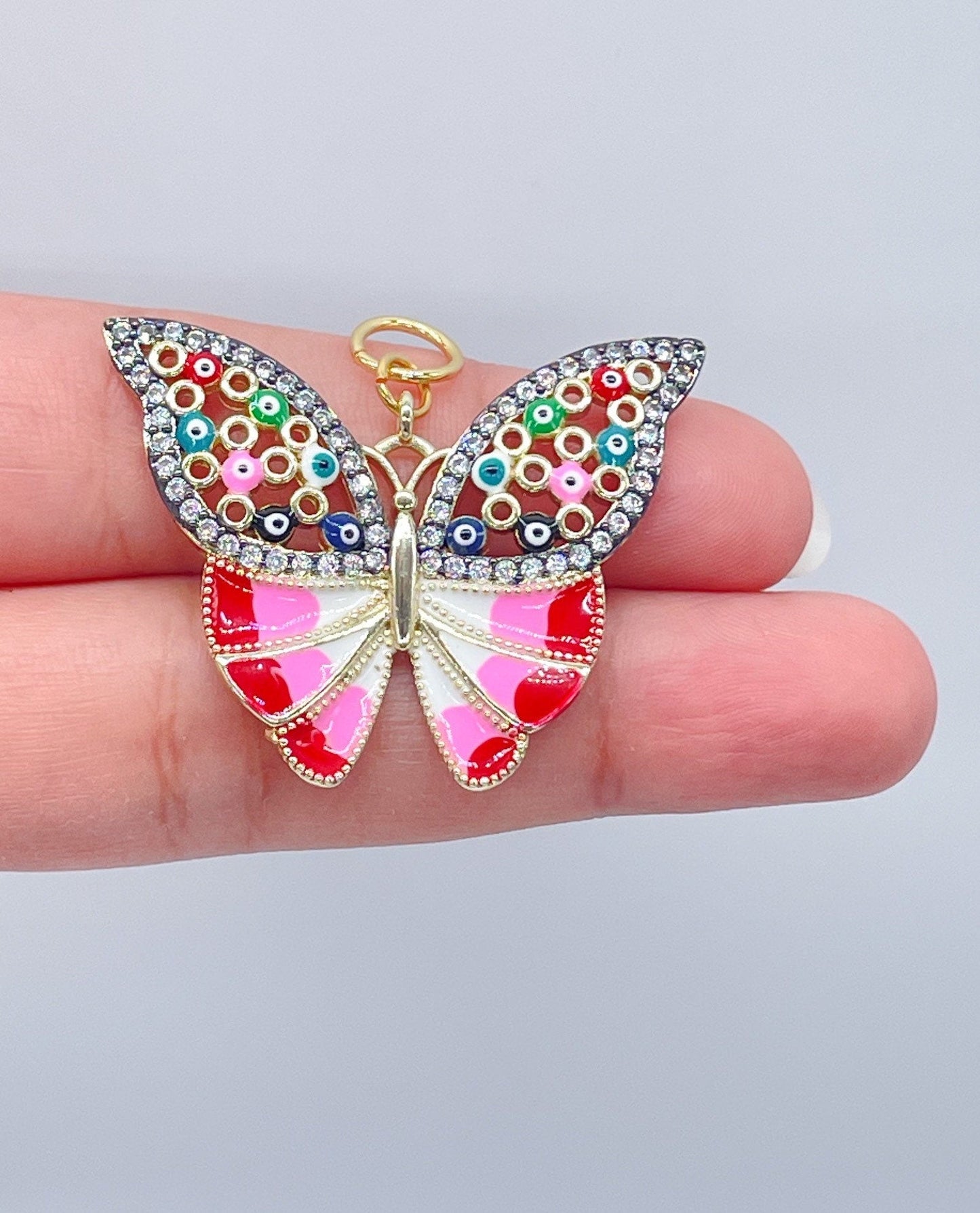 18k Gold Layered Colorful Butterfly Charm with tiny Evil Eyes Wholesale