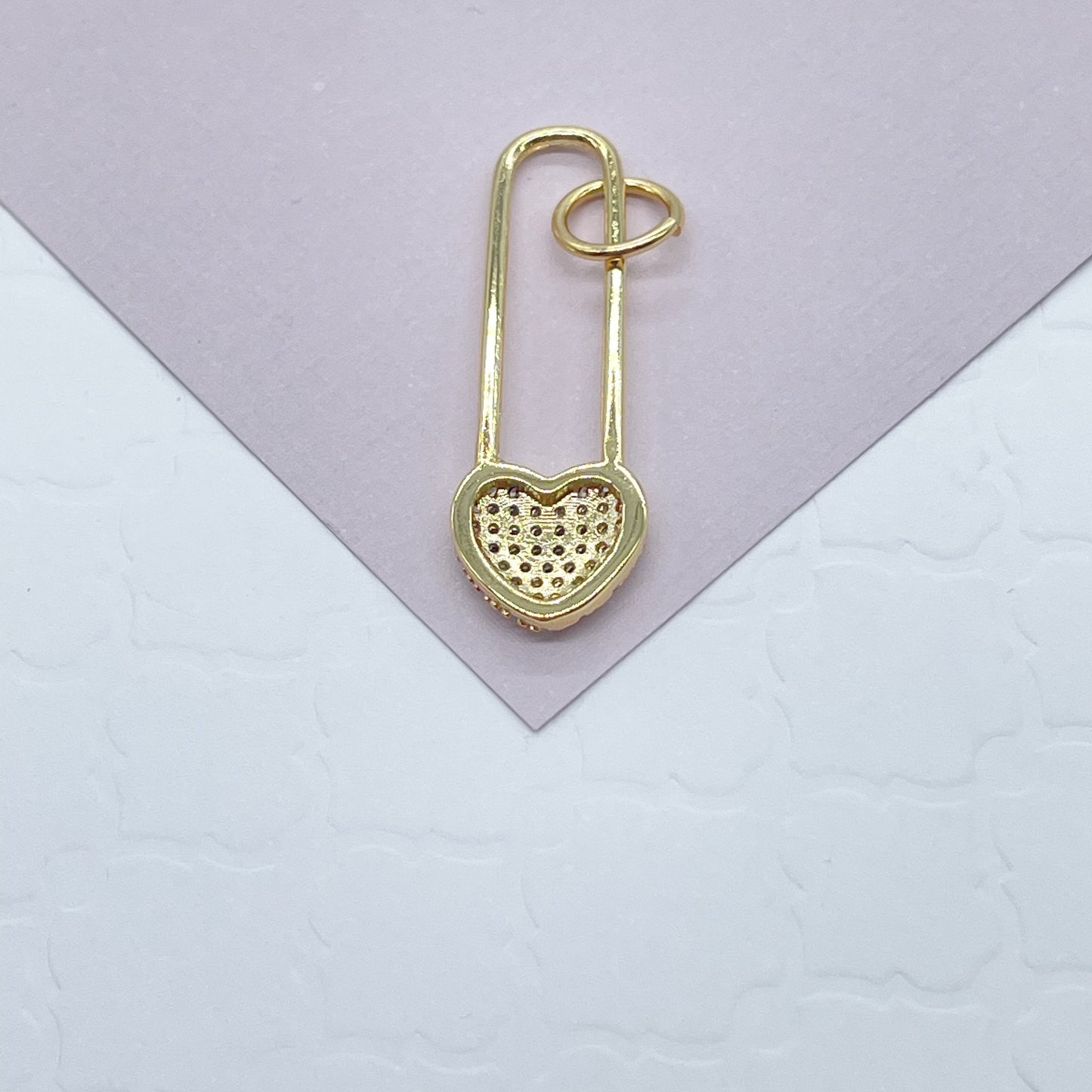 18k Gold Layered Heart Safety Pin Charm In Micro Pave Cubic Zirconia For