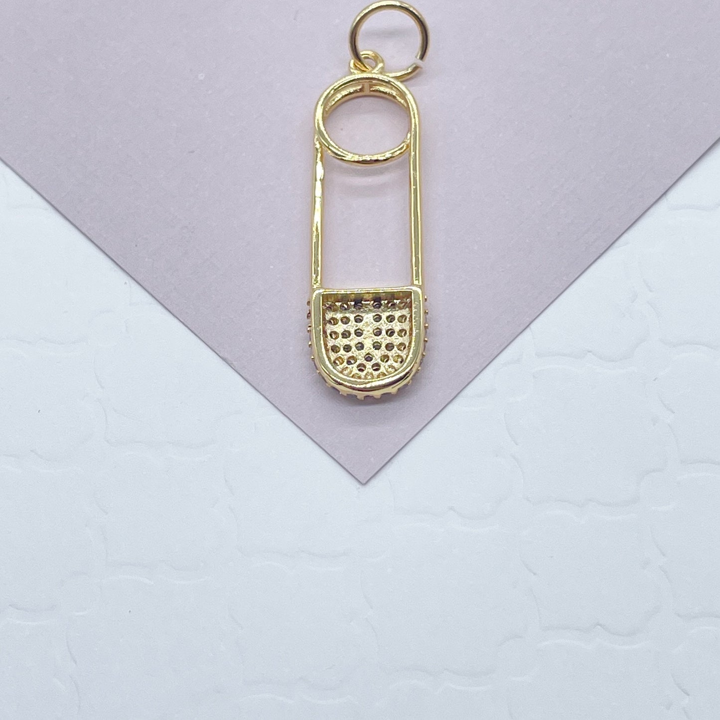 18k Gold Layered Designed Safety Pin Charm Featuring Cubic Zirconia In Micro Pave
