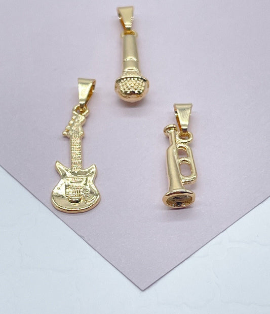 18k Gold Filled Musical Instruments Microphone, Guitar and Trumpet Charms For