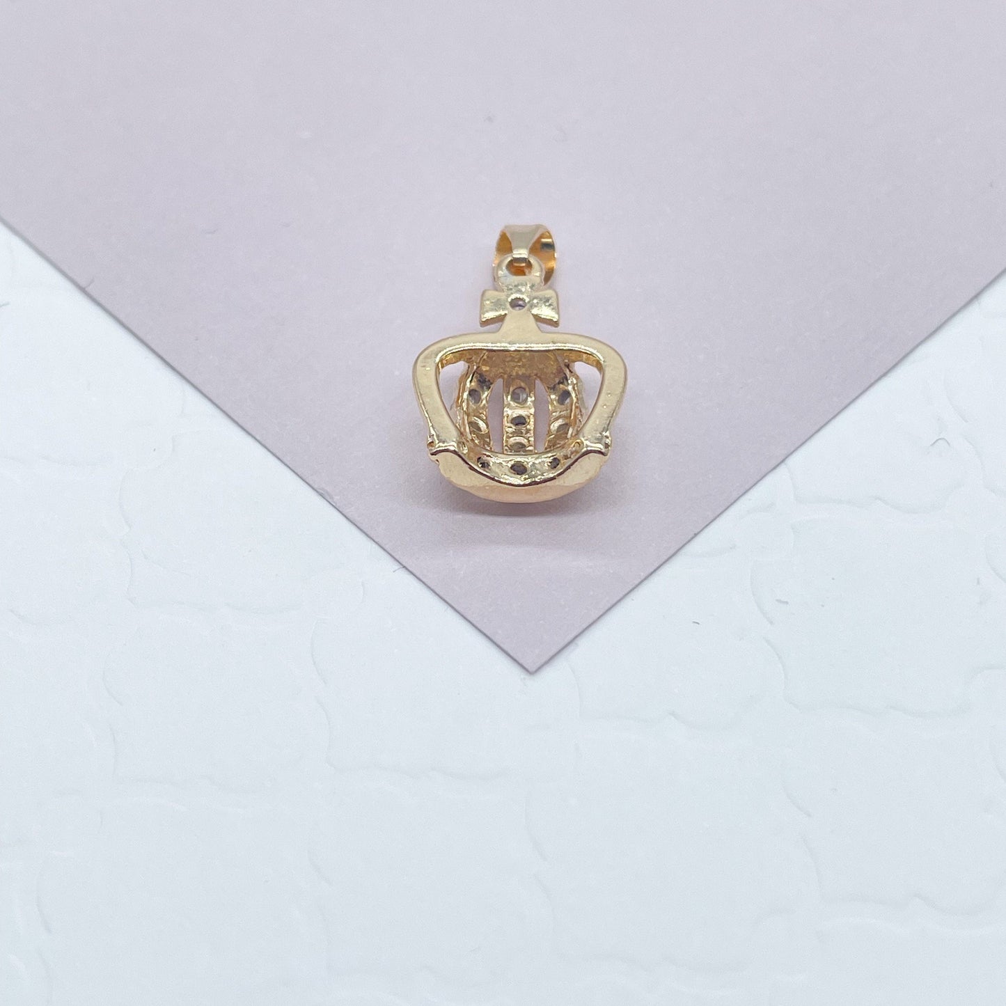 18k Gold Layered Dainty King's Crown Charm In Micro Pave Settings For Wholesale