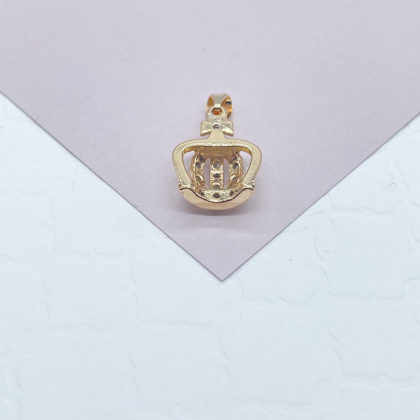 18k Gold Layered Dainty King's Crown Charm In Micro Pave Settings For Wholesale