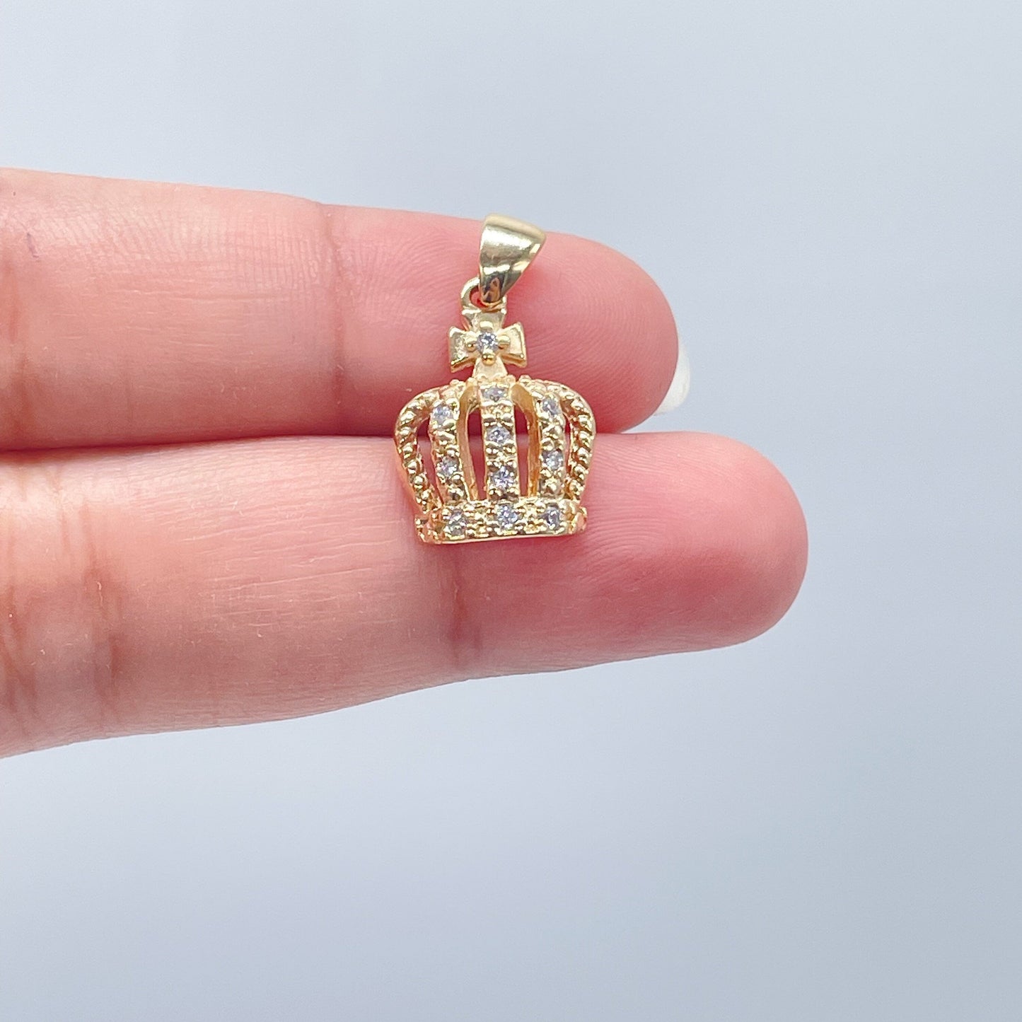 18k Gold Layered Dainty King's Crown Charm In Micro Pave Settings For Wholesale