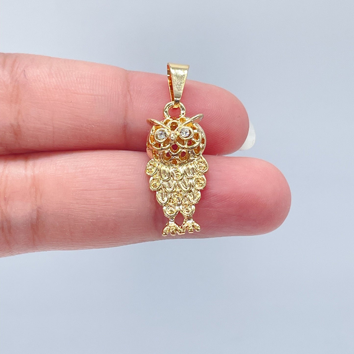 18k Gold Layered Owl Charm Featuring Cubic Zirconia Eyes For Wholesale And