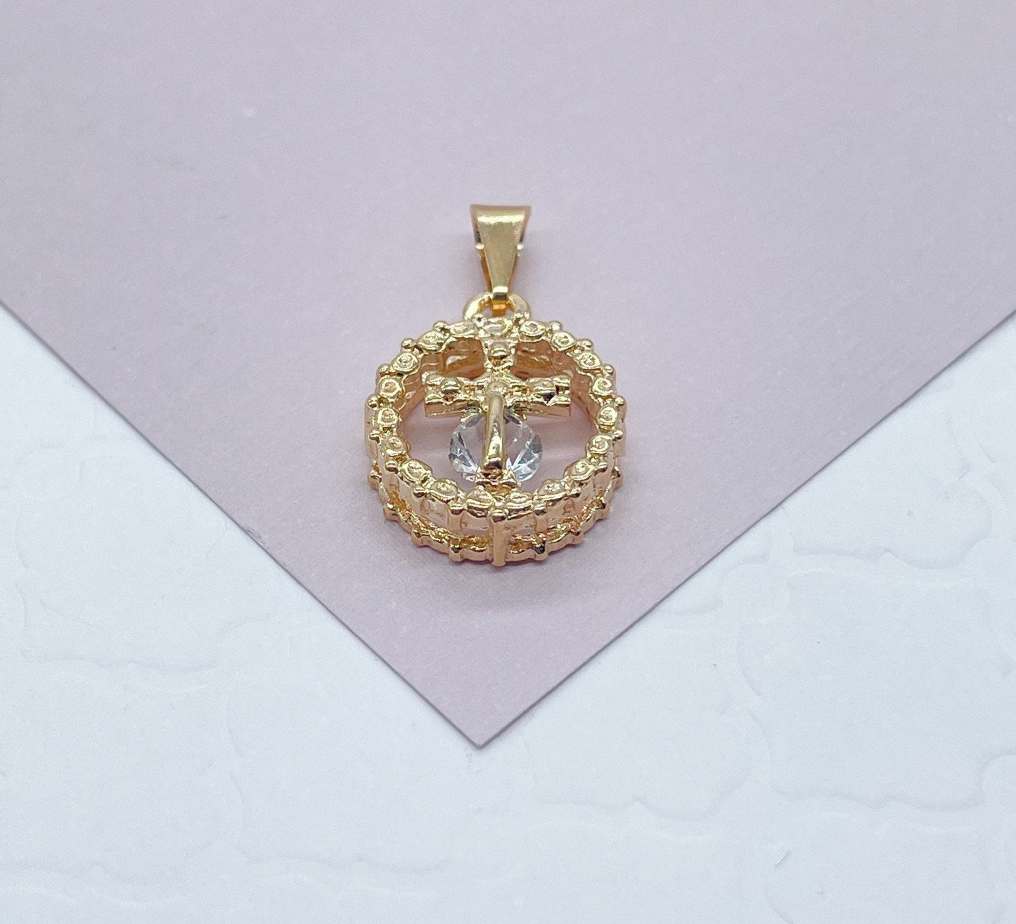 18k Gold Layered Dainty Rugged Circle Cross Charm Featuring Cubic Zirconia For