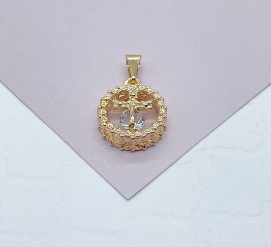 18k Gold Layered Dainty Rugged Circle Cross Charm Featuring Cubic Zirconia For