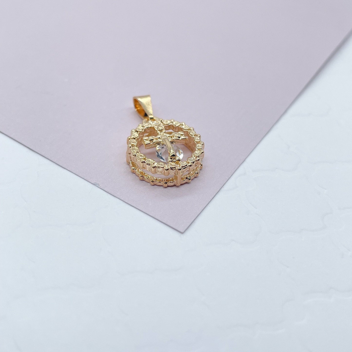 18k Gold Layered Dainty Rugged Circle Cross Charm Featuring Cubic Zirconia For