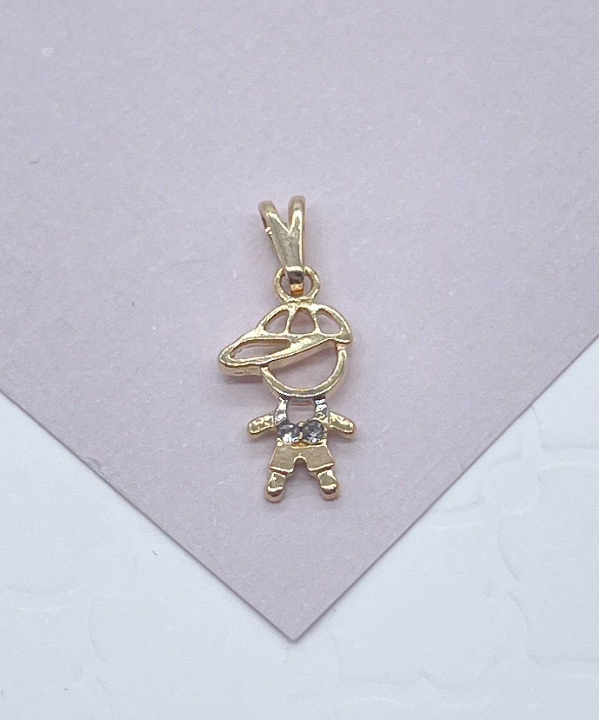 18k Gold Layered Kids Charms Boy in a Hat or Girl Featuring Cubic Zirconia For