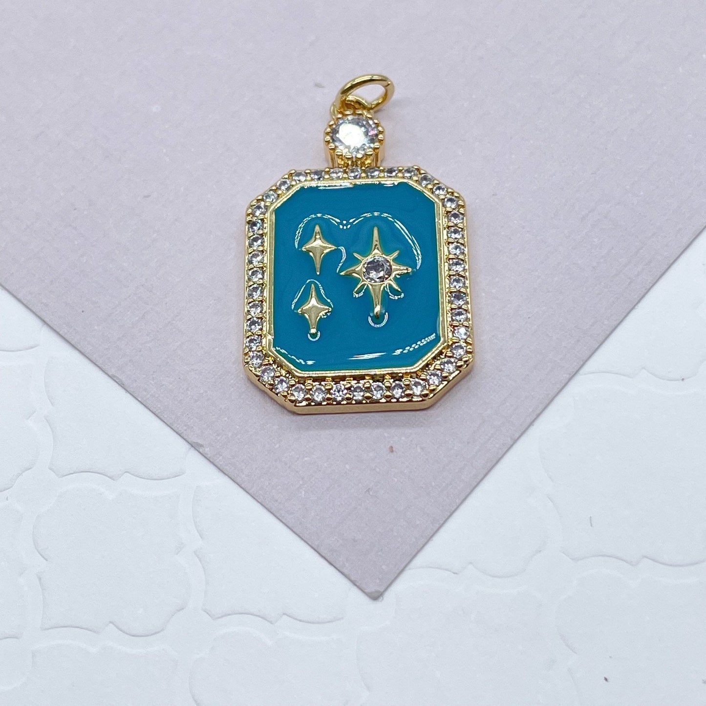 18k Gold Filled Square Colorful Enamel Three Stars Charm