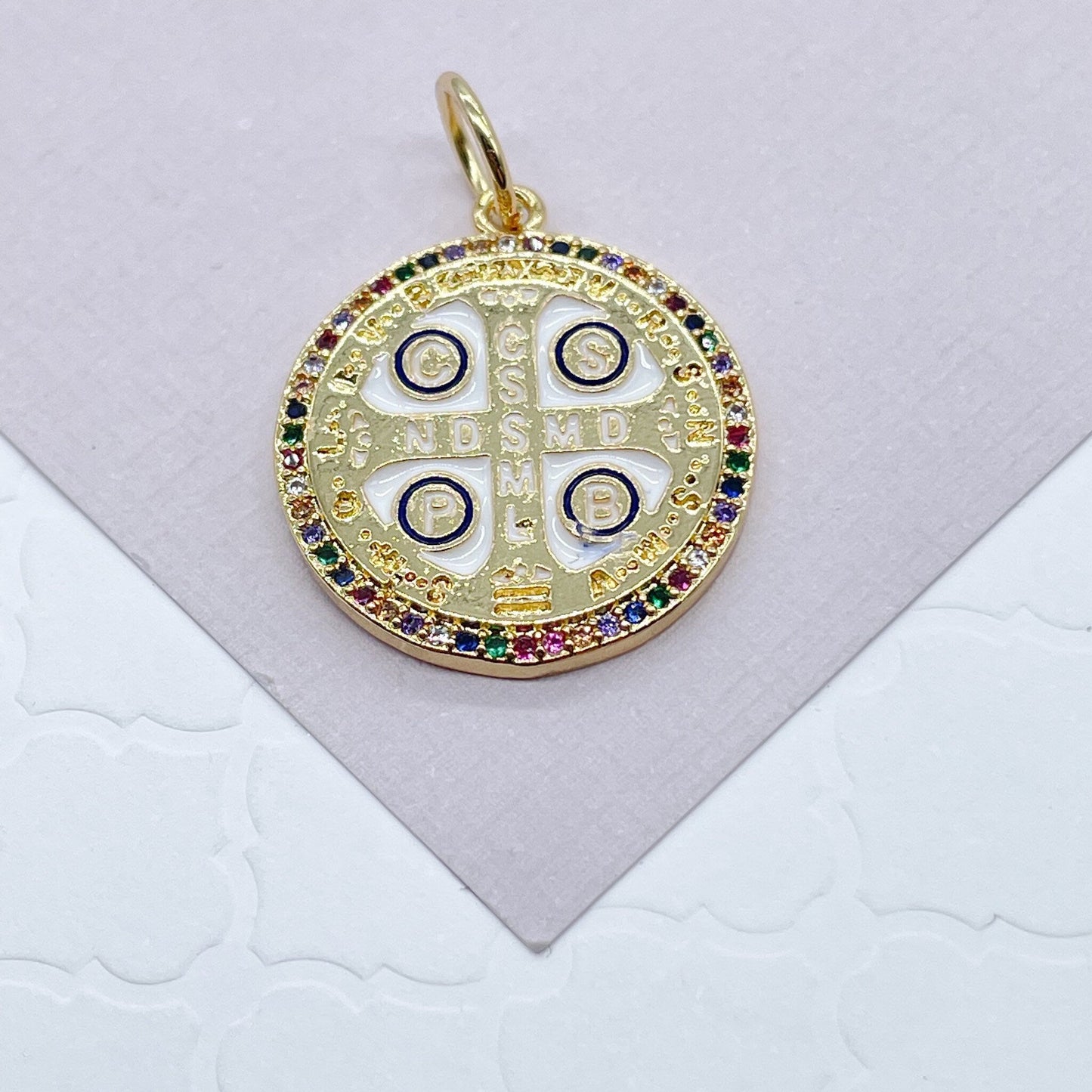 18k Gold Layered Colorful Enamel Saint Benedict Cross Pendant For Protection