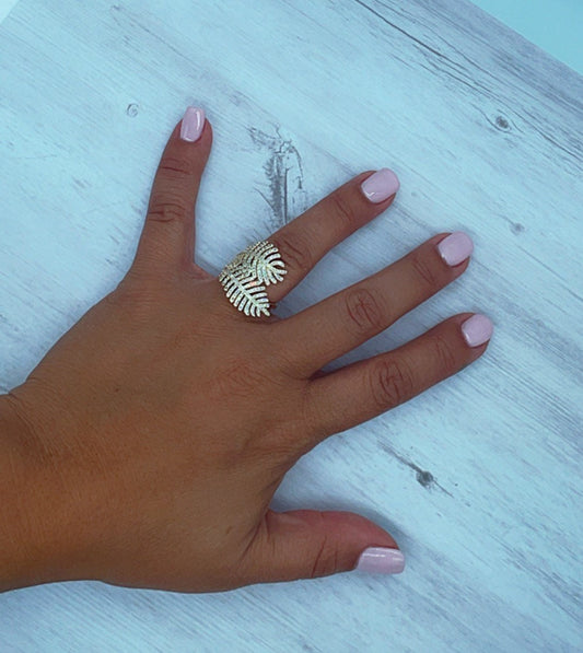18k Gold Layered Cubic Zirconia Leaf Branch Ring, Gold Leaf Ring, Layering