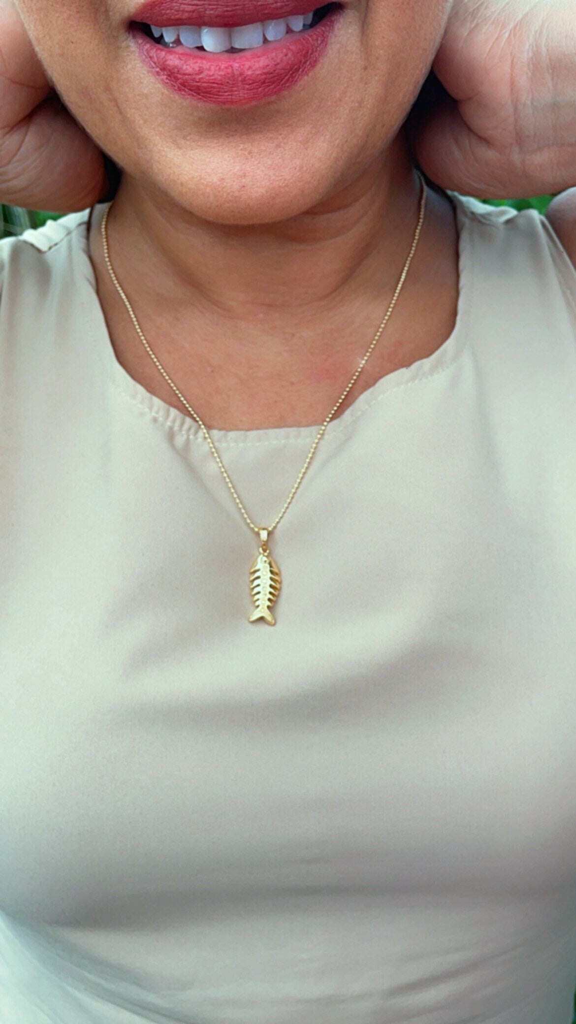 18k Gold Layered Dainty Fishbone Charm Marine Life Ocean Theme Fisher Jewelry For
