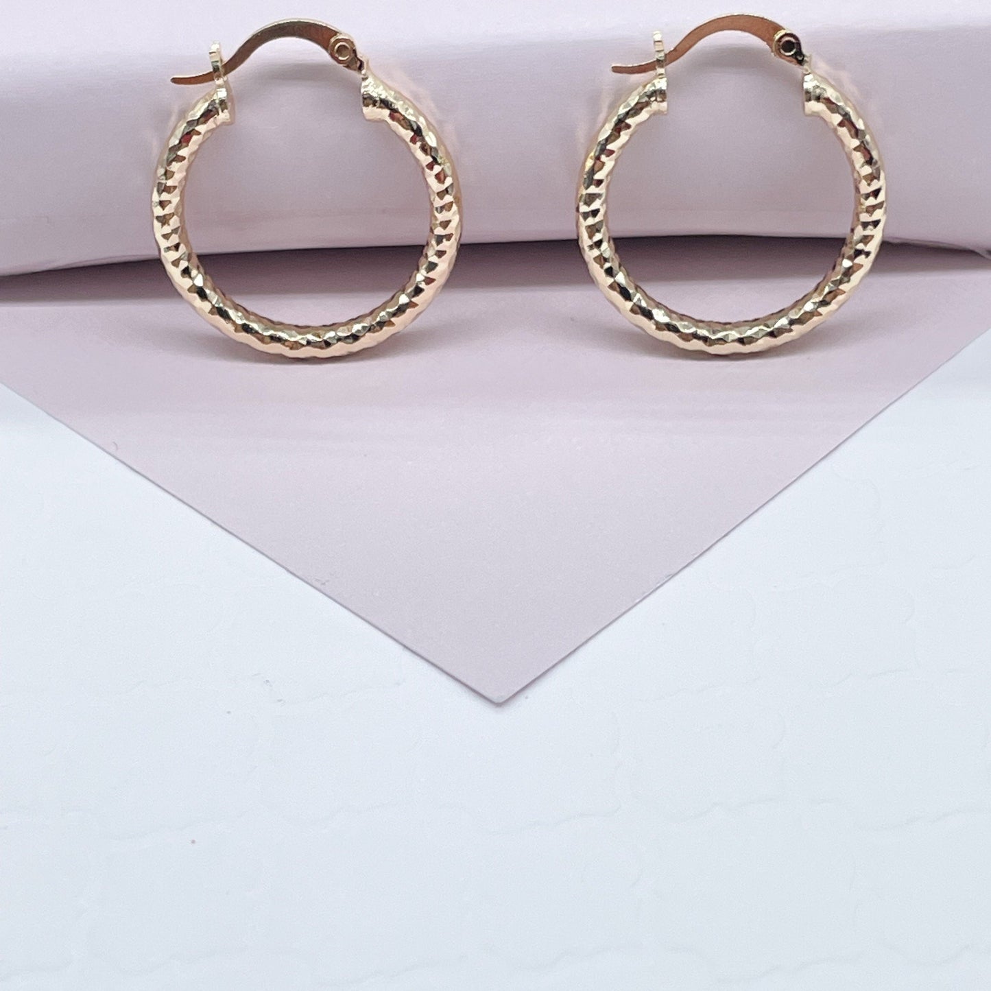 18k Gold Layered Small Rugged Textured Hoop Earring Medium Size 25mm For the