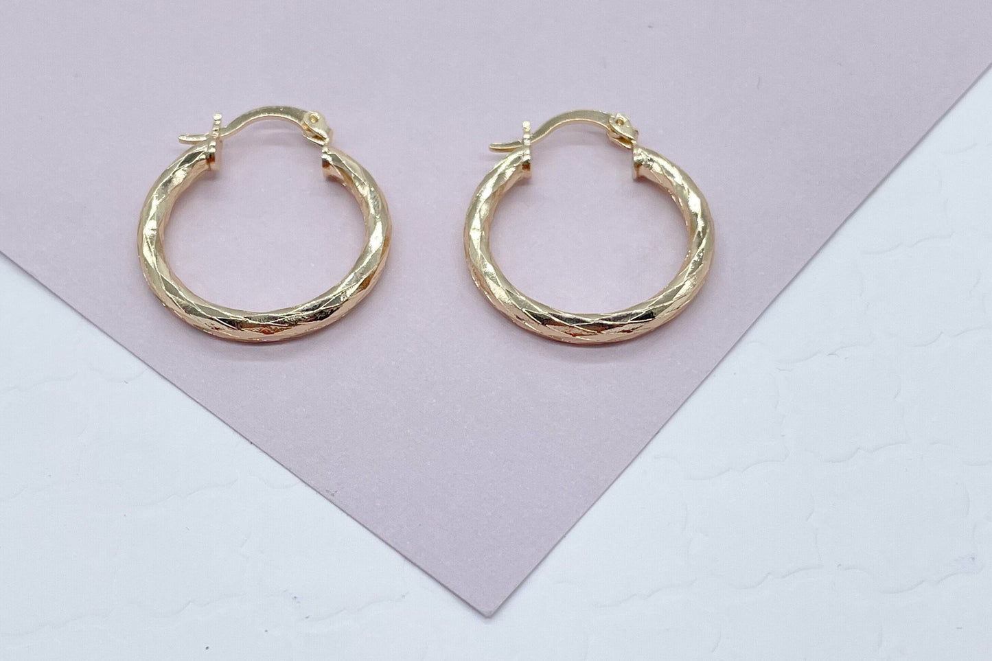 18k Gold Layered Small Diamond Textured Hoops Earrings Available in 25mm For