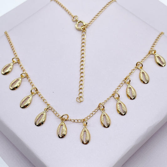 18k Gold Filled Dainty Chain with Eleven Extra Light Cowrie Shell Charms,