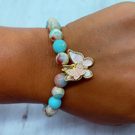 18k Gold Layered Colorful Natural Stones Bead Bracelets Featuring Colorful Hanged