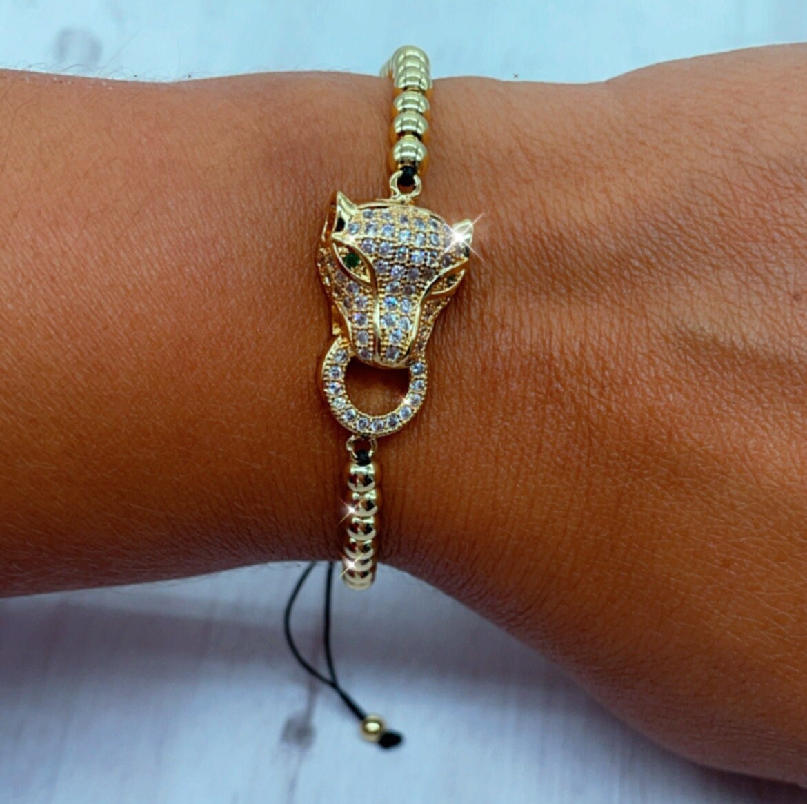 18k Gold Layered Leopard Face Adjustable Bracelet with Zirconia For Women, High