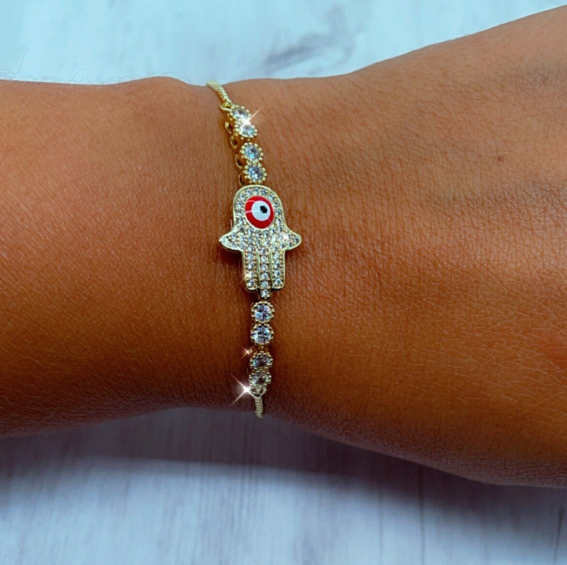 18k Gold Layered Cubic Zirconia Hamsa Adjustable Bracelet with Featuring Red or