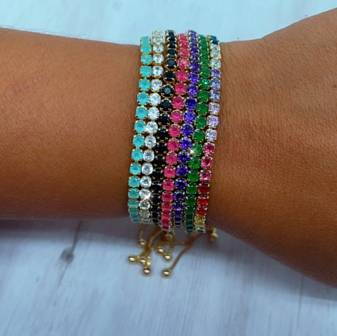 18k Gold Layered Colorful Cubic Zirconia Adjustable Bracelet , Arm Candy Jewelry,
