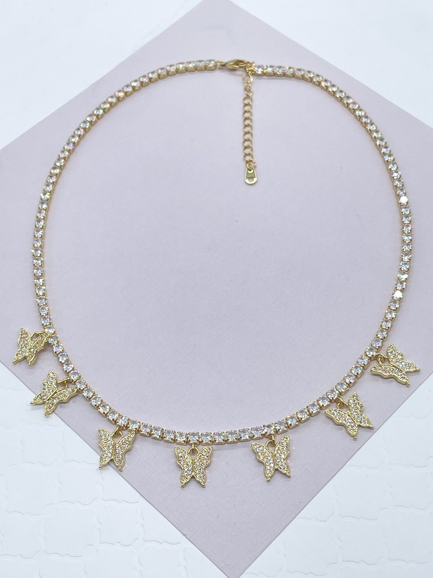 18k Gold Layered Clear Cubic Zirconia Tennis Necklace with Seven Zirconia