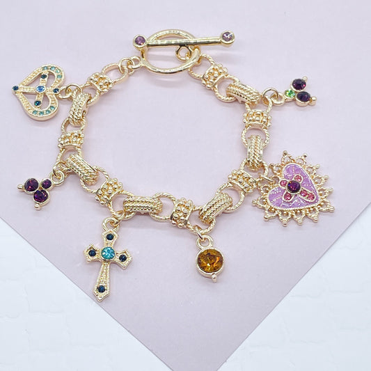 18k Gold Layered Protection Bracelet Featuring Enamel Charms, Cross, Purple