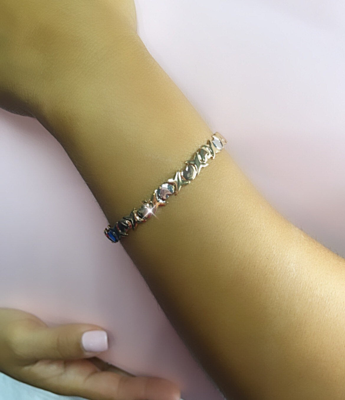 18k Gold Layered Tricolor XOXO Heart Bangle Gold, Silver and Rose Color For