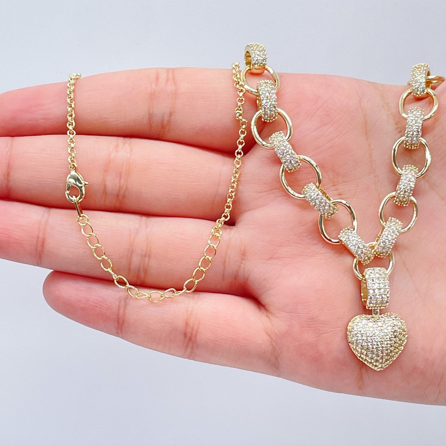 18k Gold Layered Puffy Heart Set of Bracelet Necklace In Micro Pave Cubic